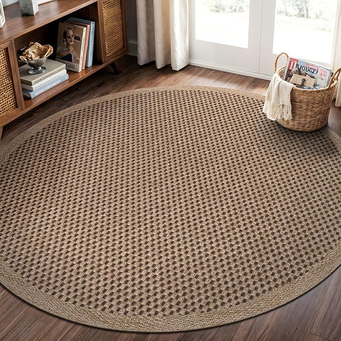CAMILSON Easy Jute Round Rug 4ft Indoor Outdoor Natural Color Fiber Area Rugs for Living Room Patio and Kitchen Rug, Sisal Boho Woven Design Easy-Cleaning Washable Outside Carpet Alfombras (4 Round)