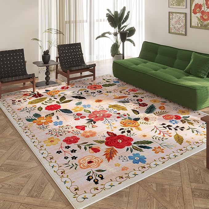 Rugcomf Living Room Rug 6x9 Rug Machine Washable Boho Area Rug Non Slip Floral Vintage Low Pile Large Rug for Living Room, Bedroom, Farmhouse, Dining Room, Kids Playroom(Beige)