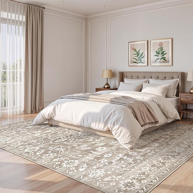8x10 Washable Area Rugs for Living Room, Vintage Floral Stain Resistant Non-Slip Low Pile Natural Rug Soft Throw Large Carpet for Dining Room Bedroom Home Office (Light Brown, 8'x10')
