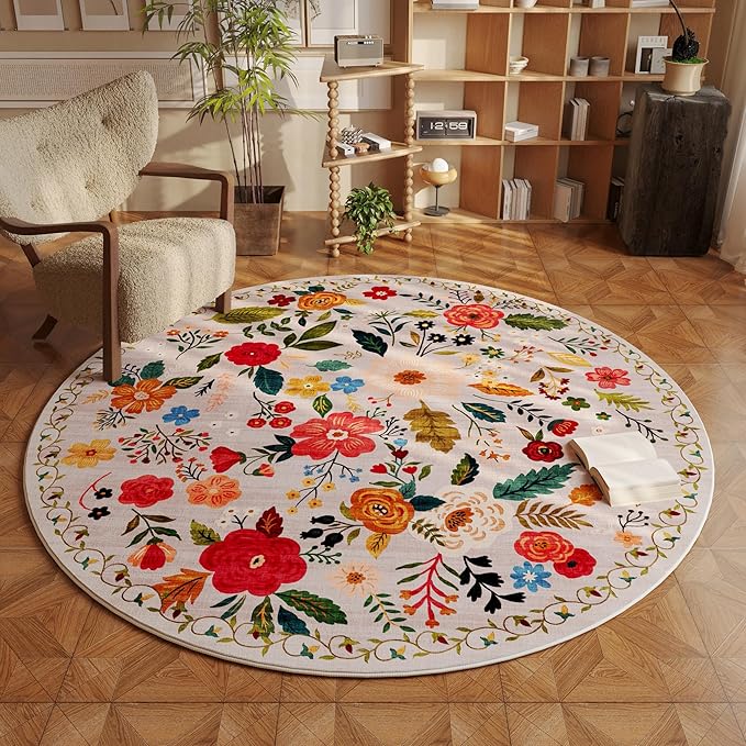 Rugcomf Round Rug 4ft Washable Circle Rug Non Slip Low Pile Boho Floral Small Circular Rug for Bedroom, Bathroom, Entryway, Kids Room, Office, College Dorm(Beige)