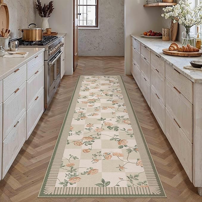 HUGEAR 2x8 Runner Checkered Rugs for Hallways Machine Washable Beige Long Carpet Floral Print Non-Slip Stain Resistant Low Pile Indoor Throw for Entrance Kitchen Bedroom Dining Laundry