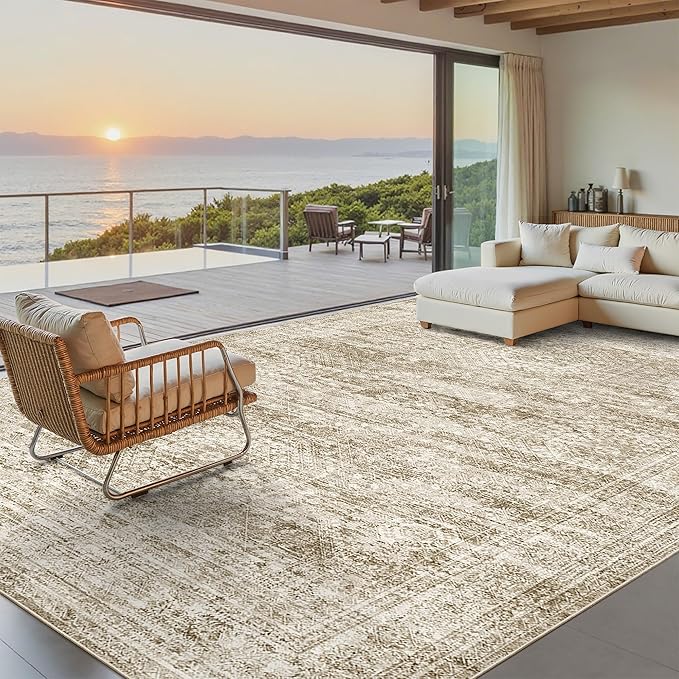 10x14 Area Rugs for Living Room, Non Slip Machine Washable Vintage Rugs, Low Pile Lightweight Large Rug for Bedroom, Dining Room, Home Office Brown
