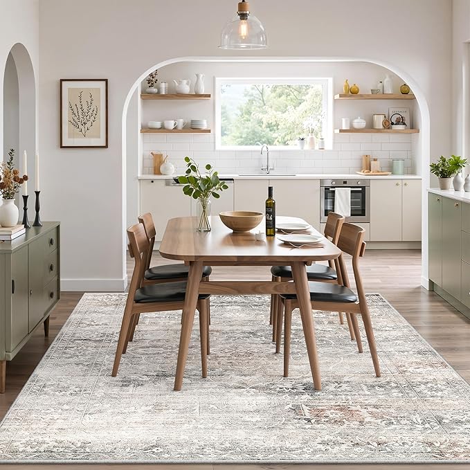 6x9 Area Rugs for Living Room, Stain Resistant Neutral Washable Rugs for Dining Room, Floral Vintage Non-Slip Thin Area Rug Farmhouse Rug Taupe