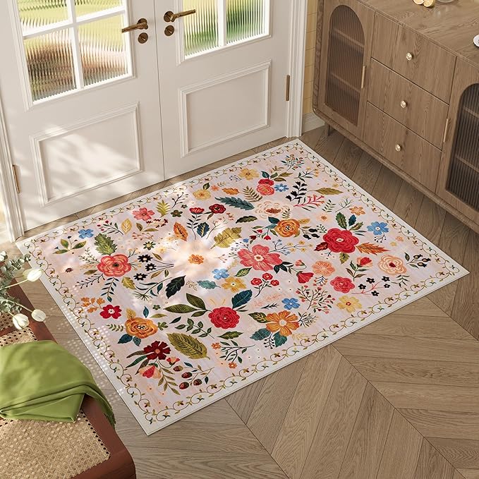 Rugcomf Door Mat Indoor Entrance 2x3 Rug Machine Washable Boho Floral Small Area Rug Non-Slip Low Pile Throw Rugs for Entryway, Kitchen, Front Door Indoor Entrance, Entry, Kids Room (Beige)