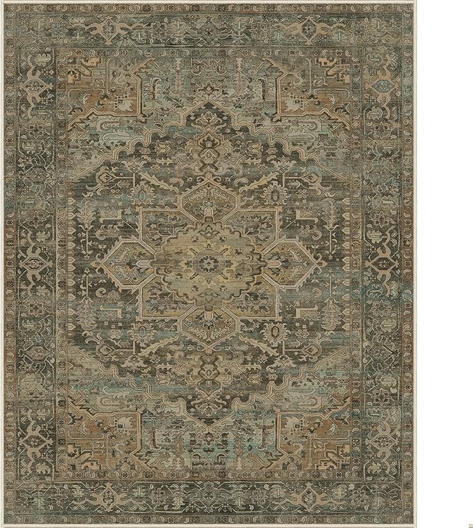 GENIMO Machine Washable 8x10 Area Rugs for Living Room, Non Slip Vintage Rugs, Low Pile Lightweight Chenille Print Rug for Bedroom, Dining Room, Home Office, Bronze Taupe