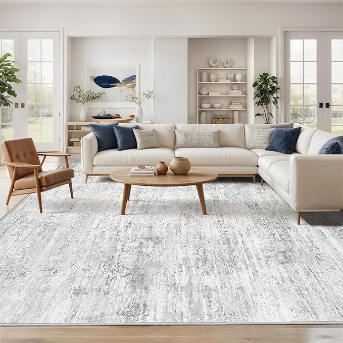 Art&Tuft 9x12 Area Rug, Anti-Slip Backing Abstract Area Rugs 9x12 Living Room, Stain Resistant Large Area Rugs for Living Room, Foldable Machine Washable Rugs (9'x12', 01-Grey)