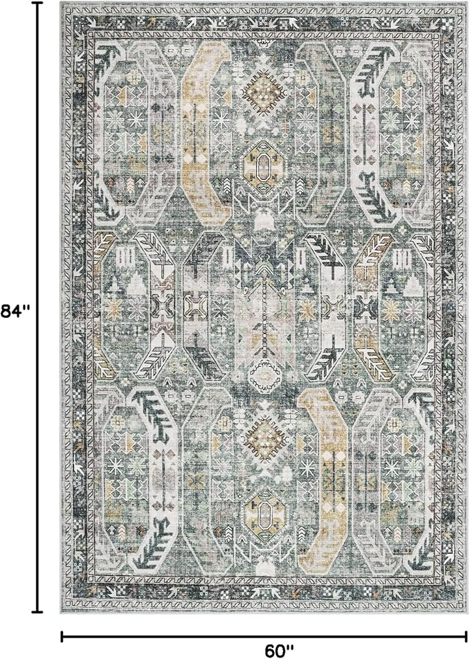 5x7 Area Rugs for Living Room,Stain Resistant Washable Rug,Non-Slip Backing Rugs for Bedroom,Kitchen,Printed Vintage Home Decor Rug (Green/Gold, 5'x7')