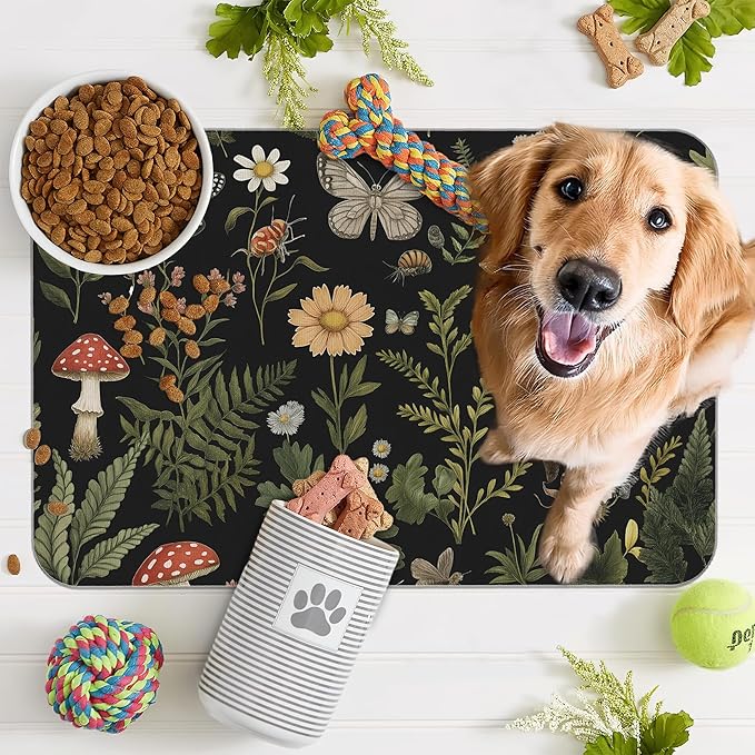 Red Mushroom Pet Feeding Mat,Fern Herb Butterfly Absorbent Quick-Dry Cat Dog Food and Water Bowl Mats,Non-Slip Rubber Backing Mat,Cat Dog Accessories Supplies 16"x24"