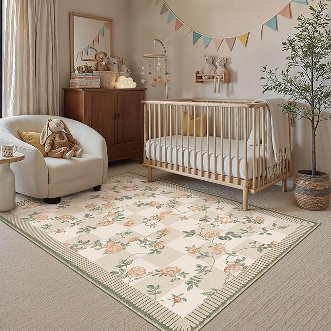 HUGEAR 3x5 Checkered Area Rugs Machine Washable Beige Living Room Rug Floral Print Non-Slip Stain Resistant Low Pile Indoor Throw Carpet for Bedroom Home Unique Aesthetic Modern Decor