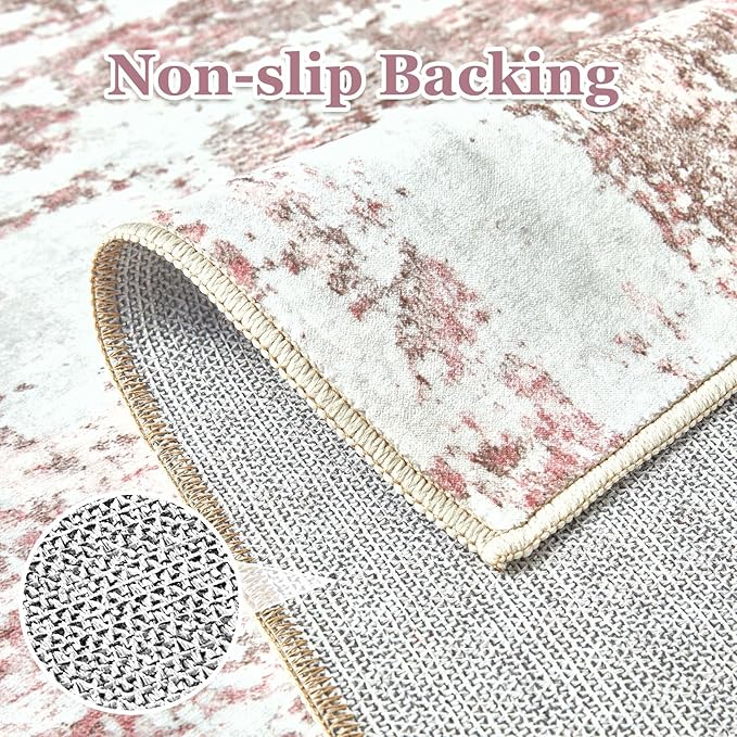 5ft Round Area Rugs for Living Room: 5x5 Abstract Washable Rug Modern Large Soft Stain Resistant Non-Slip Backing Machine Table for Bedroom Dining Room Indoor Home Office Carpet - Pink