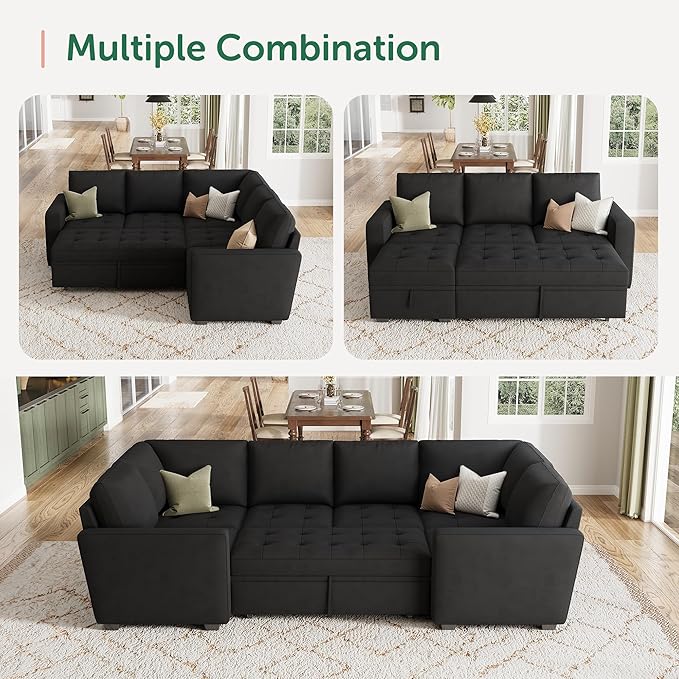 HONBAY Modular Sectional Sleeper Sofa with Pull Out Bed, Pull Out Bed for Sectional Couch, Black