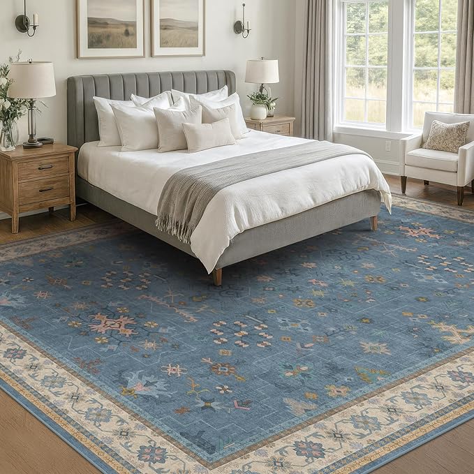 Boho 8x10 Large Area Rugs for Living Room - Eclectic Dusky Blue Rug for Bedroom Under Bed, Dining Room Under Kitchen Table, Washable Soft Non Slip Unique Colorful Indoor Décor