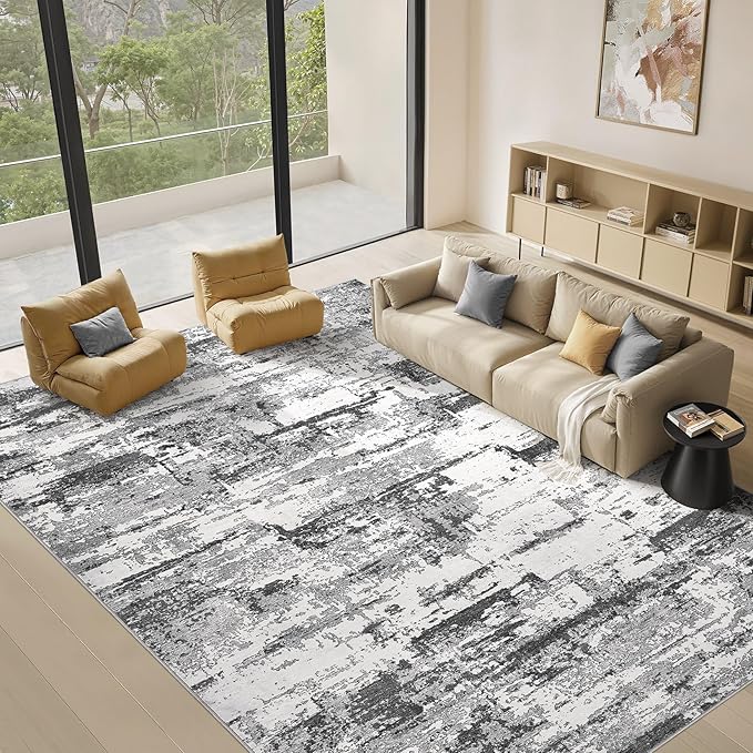 Area Rugs for Living Room: 9x12 Abstract Washable Rug Modern Neutral Large Soft Stain Resistant Non-Slip Backing Machine Table for Bedroom Dining Room Indoor Home Office Carpet - Black Grey