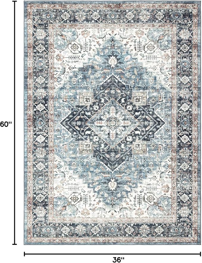 Area Rug 3횞5, Vintage Boho Rug,Ultra-Soft Low Pile, Washable, Non Slip,Stain Resistant Printed Carpet for Living Room Bedrooms Playroom Office Kitchen, Blue/Navy