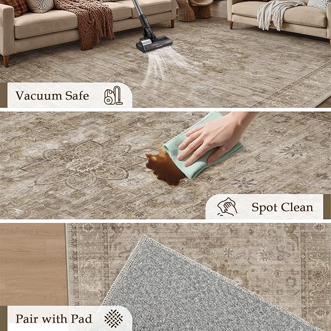 HUGEAR Washable 5x7 Area Rugs Retro Brown Living Room Bedroom Rug Vintage Distressed Non Slip Stain Resistant Low Pile Neutral Throw Carpet for Home Decor