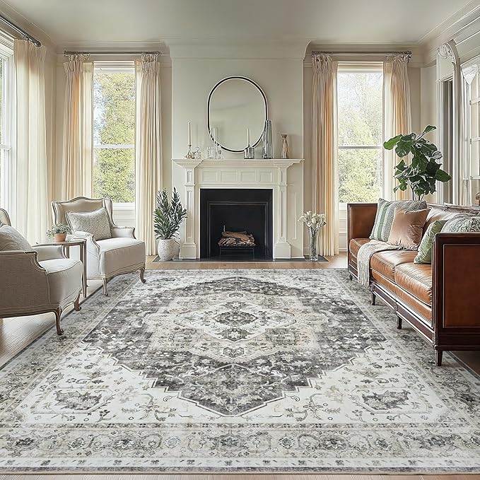 AMADA HOMEFURNISHING Grey 8x10 Area Rug, Washable Low-Profile Large Area Rug with Non-Slip Backing & Durable Edge Binding, Vintage Large Rugs for Living Room, Bedroom