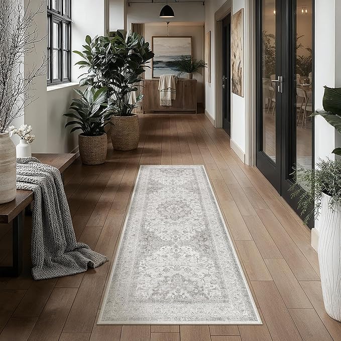 2x6 Grey Washable Vintage Runner Rug for Living Room Bedroom Soft Tranditional Non Slip Runner Area Rug Lightweight Floral Low Pile Distressed Runner Kitchen Hallway Bedroom Bathroom