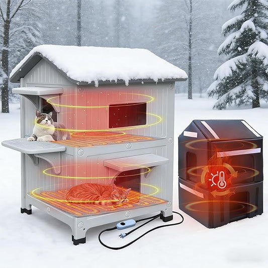 Insulated Heated Cat House for Outside Winter Weatherproof Plastic Cats Houses with Escape Door, 2-Story Indoor Waterproof Feral/Pet Cat Shelter Outside for Multiple Cats, Grey