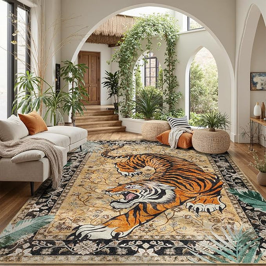 DCX Washable 5x7 Tiger Area Rug, Brown Vintage Animal Rug for Living Room, Soft Low Pile Carpet, Kid & Pet Friendly with Rubber Back Non Slip, Stain Resistant Rug for Bedroom Dining Room Office