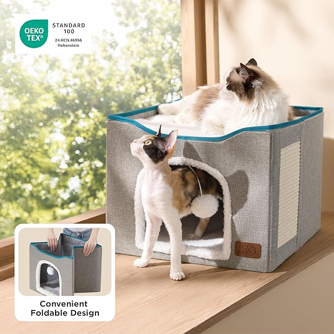 Bedsure Cat Beds for Indoor Cats - Large Cat Cave for Pet Cat House with Fluffy Ball Hanging and Scratch Pad, Foldable Cat Hideaway, 16.5x16.5x13 inches, Blue