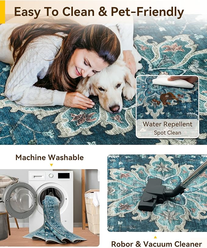 Area Rugs 3'x5' Washable Non-Slip, Floral Vintage Distress Print Pattern Medallion Carpet for Living Room Bedroom Dining Room, Teal Green Lake Blue Turquoise