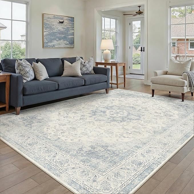 5x7 Blue Washable Vintage Area Rug for Living Room Bedroom Soft Tranditional Non Slip Large Throw Rug Lightweight Floral Low Pile Distressed Carpet Laundry Dining Room Playroom Office Nursery