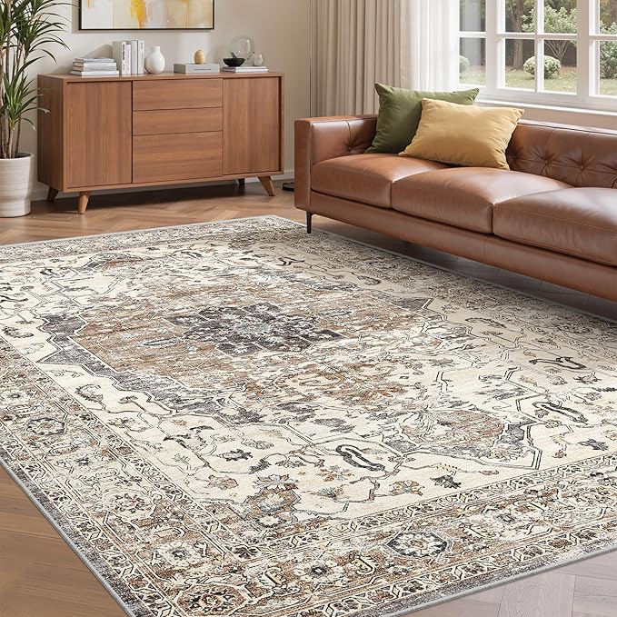 6x9 Area Rugs for Living Room,Super Soft Ultra-Thin Stain Resistant Machine Washable Rugs for Bedroom,Non-Slip Backing Large Area Rug(Brown/Grey,6'x9')