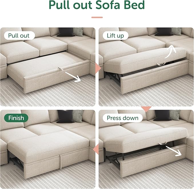 HONBAY Modular Sectional Sleeper Sofa with Pull Out Bed, U Shaped Sectional Couch with Storage Ottoman, Sleeper Sectional Couches for Living Room, Beige