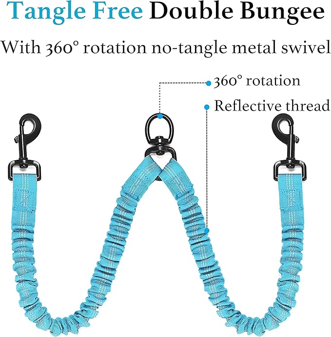 iYoShop Dual Dog Leash - 360° Swivel, No Tangle Walking Leash with Shock Absorbing Bungee for Two Dogs (Medium, 8-35 lbs, Blue)