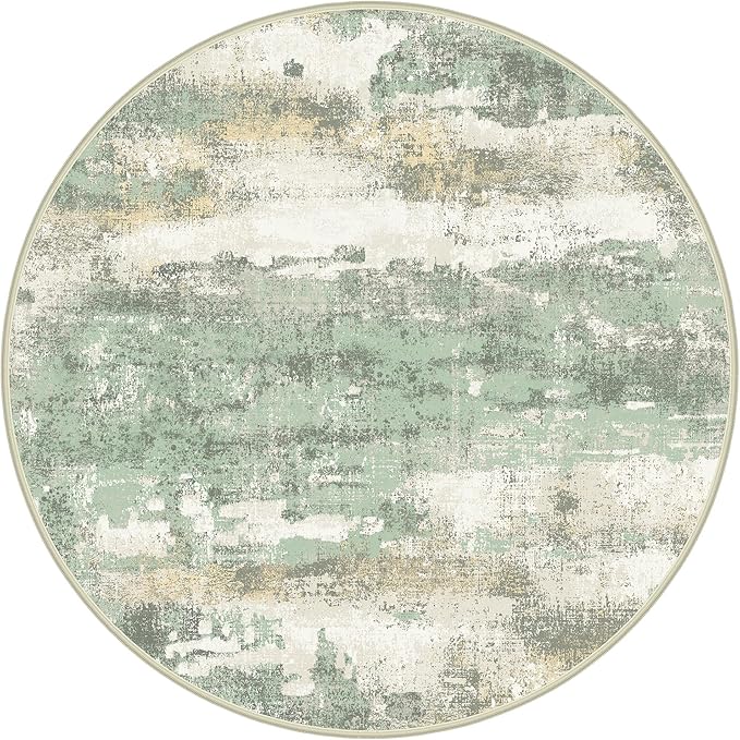 Round Rugs 8FT for Living Room Bedroom, Modern Abstract Machine Washable Circle Rug, Soft Low Pile Floor Cover with Non Slip Backing for Dining Room, Light Green