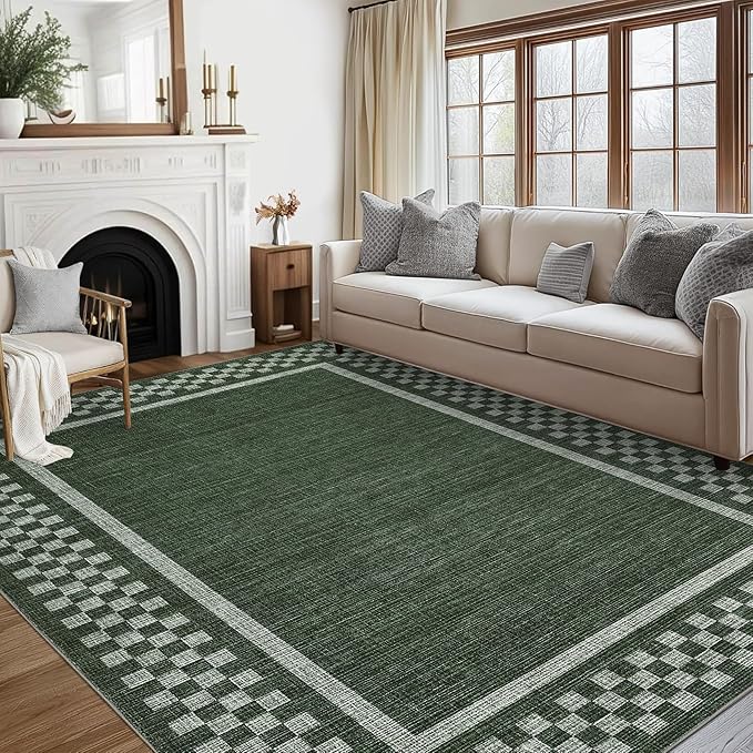 GarveeHome Washable Area Rugs 10x13 Non Slip Soft Large Living Room Rug Modern Checkered Bedroom Rug Soft Geometric Bordered Throw Carpet for Dining Room Home Decor Office Nursery, Green