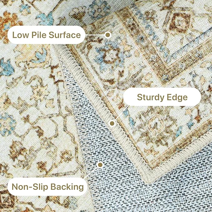 GENIMO Machine Washable 6x9 Area Rugs for Living Room, Non Slip Vintage Rugs, Low Pile Lightweight Chenille Print Rug for Bedroom, Dining Room, Home Office, Retro Yellow
