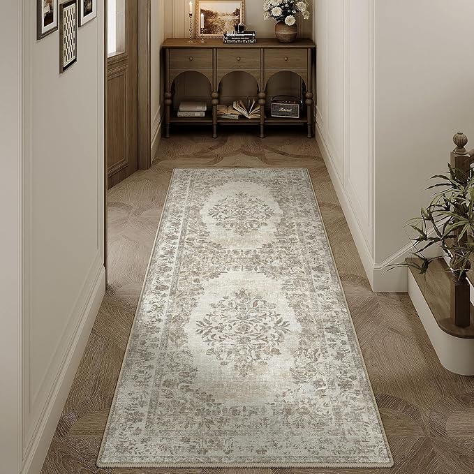 2x6 Runner Rug Beige Washable Hallway Kitchen Bedroom Vintage Distressed Bathroom Non Slip Medallion Floral Carpet Indoor Retro Throw Floor Mat for Office Dining Laundry Living Room