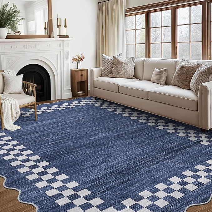 GarveeHome Area Rug 6x9 Large Living Room Modern Border Throw Rug with Rubber Backing Stain Resistant Dining Room Throw Carpet Washable Scalloped Rug for Bedroom Home Decor Office, Blue