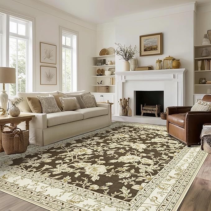 Brown Floral Print Area Rugs for Bedroom Living Room Boho Farmhouse Country Rustic Dining Room Carpet Soft Washable Rugs Non Slip Floor Covering for Nursery Playroom 10x14