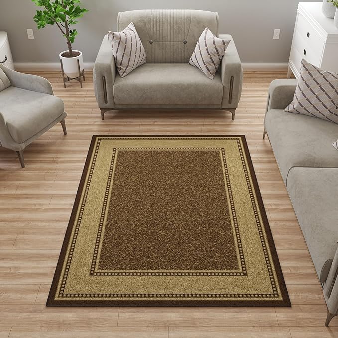 Ottomanson 5' x 6'6" Rugs for Living Room Border Area Rug for Bedroom - Non Slip Durable Large Floor Carpet for High Traffic Areas - Indoor Rug for Dining Room Kitchen Kids Playroom, Brown