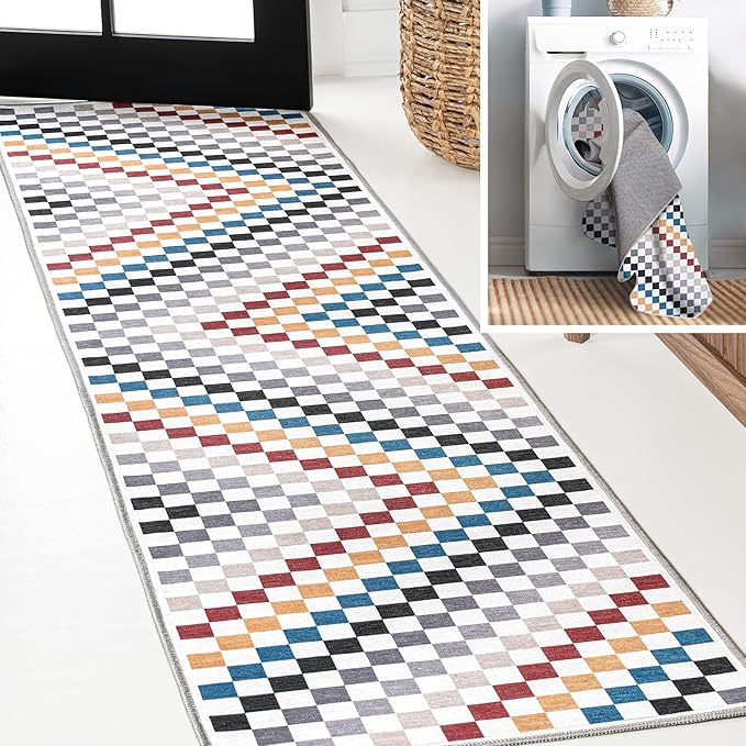 JONATHAN Y Machine Washable Multi-Colored Runner Rug 2X8 ft, Ainsley Modern Cottage Checkerboard for Living Room, Bedroom, Kitchen, Office, Easy-Cleaning, Pet-Friendly, Non-Shedding WSH126D-28