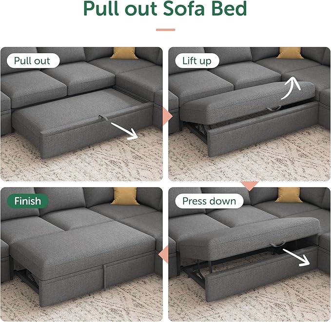 HONBAY Modular Sectional Sleeper Sofa Bed, Sectional Couch with Pull Out Bed U Shaped Modular Couch with Storage Ottoman for Living Room, Dark Grey