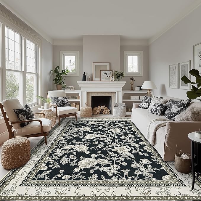 Boho Dining Room Rugs for Under Table 7x9 Washable Black Cream Beige Floral Design Sketch Style Area Rug for Living Room, Low Pile Non-Slip for Bedroom Under Bed Aesthetic Boho Farmhouse Decor