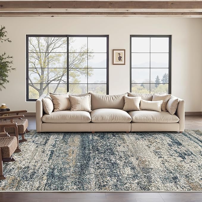 Art&Tuft Washable Rug, Anti-Slip Backing Abstract 8x10 Area Rugs, Stain Resistant Rugs for Living Room, Foldable Machine Washable Area Rug 8x10, Navy