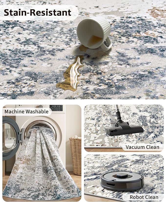 Art&Tuft 9x12 Area Rug, Anti-Slip Backing Abstract Washable Area Rugs 9x12 Living Room, Stain Resistant Rugs for Living Room, Foldable Machine Washable Rug (9'x12', TPR18-Blue)