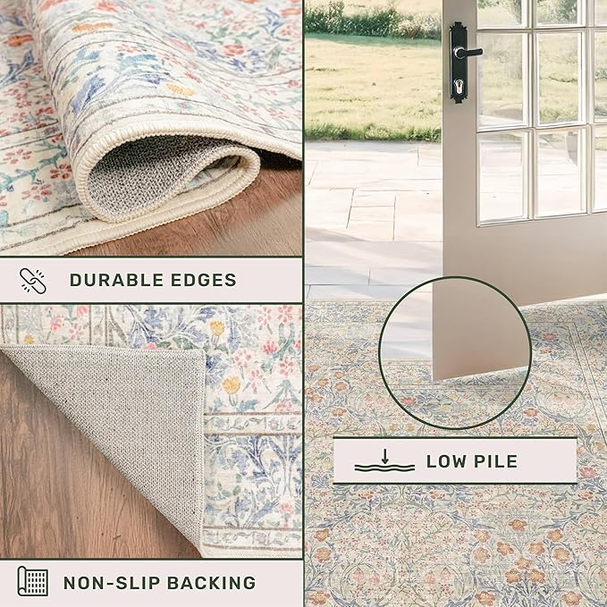 Washable Beige Blue 2x10 Runner Rug for Hallway Kitchen Mudroom, Non-Slip Stain Resistant Extra Long Floor Mat 10 ft - Vintage Floral Aethestic Decor