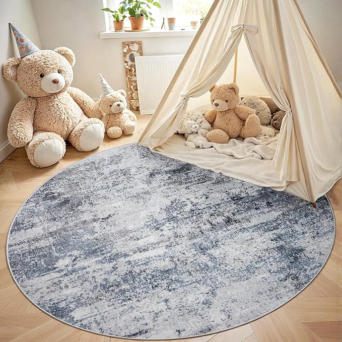 Round Rug 6ft Circle Rug Washable: Carpet Small Circular Area Rug for Entryway Kitchen Bedroom Dining Room Living Room 6 Feet Abstract College Dorm Non Slip Low Pile Blue Grey
