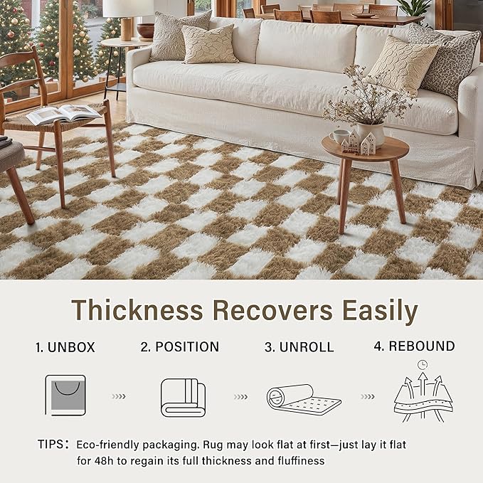 Checkered Rug 8x10 for Living Room, Brown and White Modern Shag Rugs Super Soft Washable Indoor Office Fuzzy Carpet Non-Slip Fluffy Rugs for Bedroom Home Aesthetic Decor