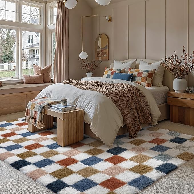 Checkered Rug 5x8 for Living Room, Modern Rainbow Shag Rug Super Soft Washable Indoor Fuzzy Carpet Non-Slip Fluffy Rugs for Bedroom Home Aesthetic Decor