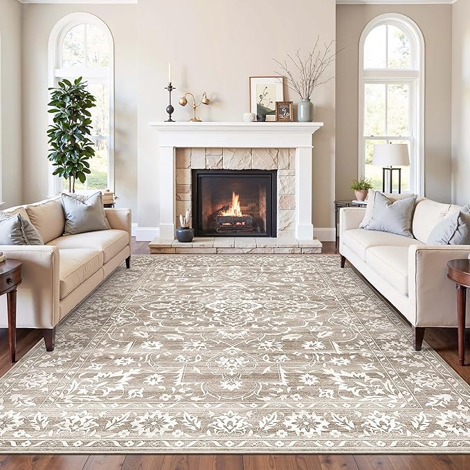 8x10 Washable Area Rugs for Living Room, Vintage Floral Stain Resistant Non-Slip Low Pile Natural Rug Soft Throw Large Carpet for Dining Room Bedroom Home Office (Light Brown, 8'x10')
