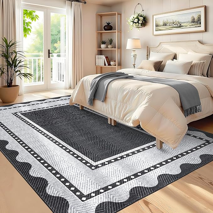 GarveeHome Washable 8x10 Area Rugs with Non Slip Backing, Large Solid Rugs for Living Room Bedroom, Modern Border Neutral Soft Carpet, Stain-Resistant Floor Mats for Nursery, Home Decor, Black Grey