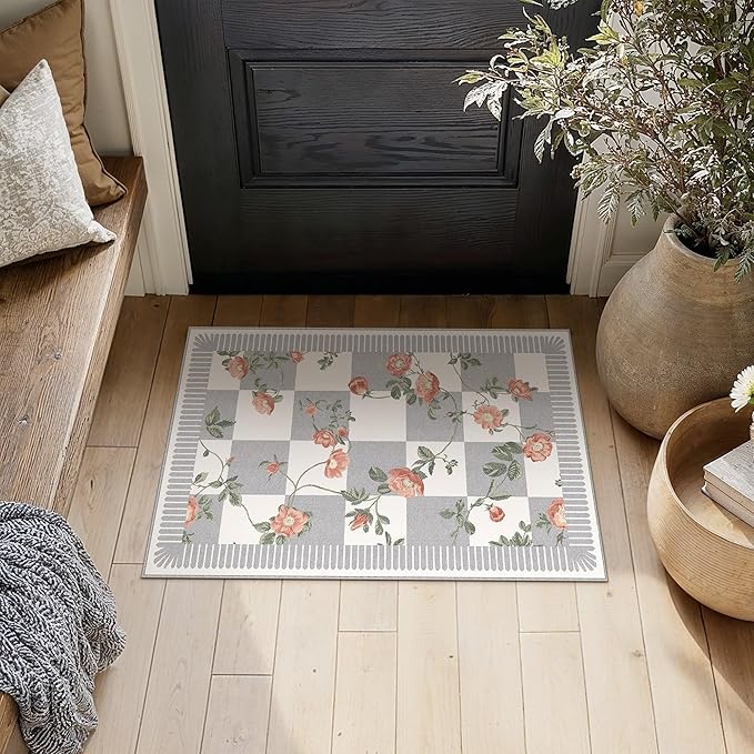 HUGEAR 2x3 Checkered Rugs for Entryway Machine Washable Grey Small Carpet Floral Print Non-Slip Stain Resistant Low Pile Indoor Throw for Entrance Kitchen Bedroom Dining Laundry
