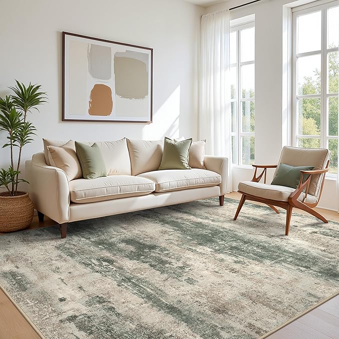 Area Rugs 10x14 for Living Room Bedroom, Modern Abstract Machine Washable Rug, Large Soft Low Pile Floor Cover with Non Slip Backing for Dining Room, Grey/Dark Green
