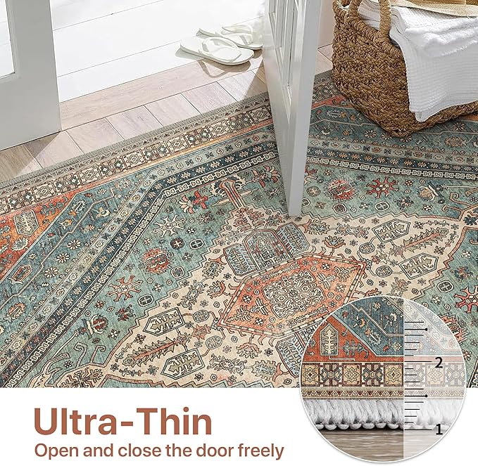 Bavni Kitchen Rug 2x5 Runner Rugs for Hallways Entryway, Washable Vintage Print Carpet, Ultra-Thin Chenille Low Pile Lightweight Rug with Non Slip Backing, Light Red/Blue